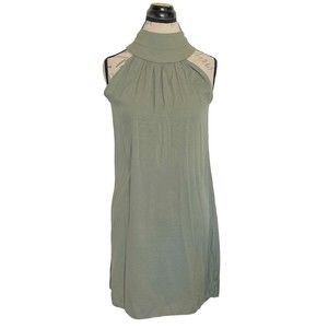 Womens Green Trapeze Dress High Mock Neckline Sleeveless Pleated Mini Sz  Small
